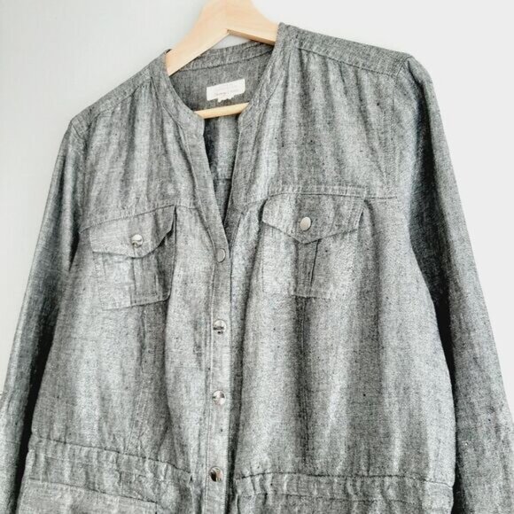 CHARTER CLUB / 100% Linen Utility Sleeve Jacket Metallic Silver Gray Sz L Petite - Picture 4 of 14